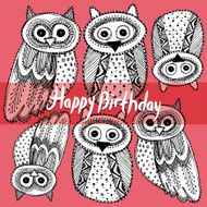 Happy birthday Decorative Hand dravn Cute Owl Sketch Doodle pink N2