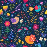 Bright floral seamless pattern of flowers berries and birds N2