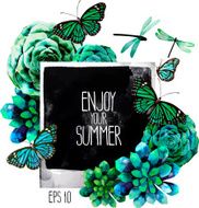 Watercolor design with succulents photo butterflies and dragonflies