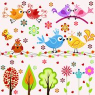 Set Birds trees and flowers
