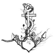 Romantic Old Anchor with Roses Black Ink