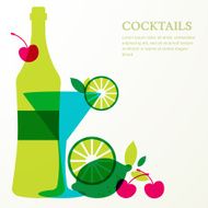 Bottle and martini glass with lime cherry fruits Vector background