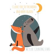 Romantic greeting card with bear and fox Card about friendship N2