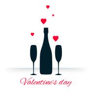 Bottle and glasses of champagne with hearts on white background