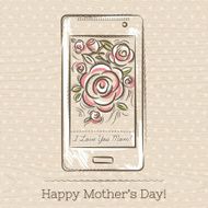 Mother&#039;s Day card with smart phone and roses vector