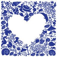 White background heart is surrounded of fishes dolphins shells etc