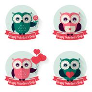 Valentine&#039;s labels with owls and ribbons Vector set