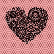 Black crochet lace flowers heart on pink mesh greeting card