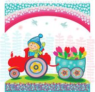 Fairy happy boy on the tractor with tulip