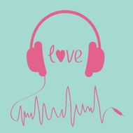 Pink headphones with cord in shape of cardiogram Love card