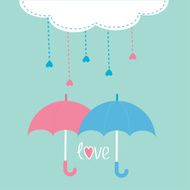 Cloud with hanging rain drops and two umbrellas Love card