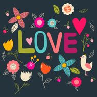 Romantic card with hearts flowers and bird