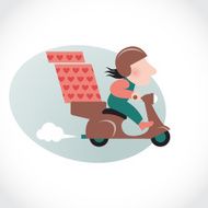 Funny pizza delivery man on brown motorbike