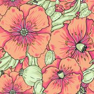 Pink poppy flowers - vector pastel pattern