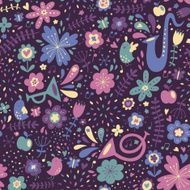 Floral seamless pattern with musical instruments and birds