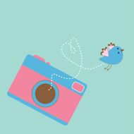 Photo camera with flying bird Love card