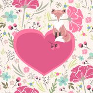 Floral valentines day card with cute little fox