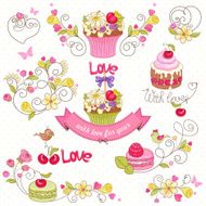 Set of holiday symbols with cupcakes and macaroon
