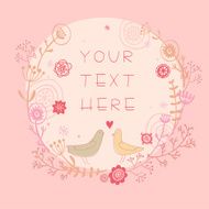Cartoon vector card with cute lovebirds in pink color
