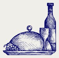 Grapes bottles and glasses of wine on round tray N2