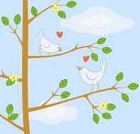 Two cute cartoon birds on the tree
