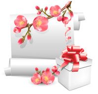 Vector gift spring scroll with flowering quince and present