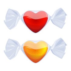 Heart-shaped candies wrapped in transparent wrap