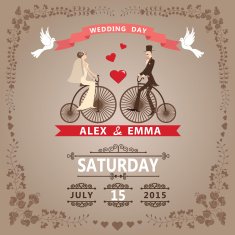 Wedding invitation with Bride groom retro bicycle floral frame