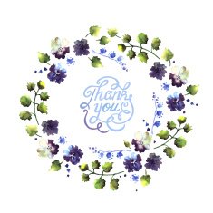 Watercolor THANK YOU words in wreath withwreath with blue flower