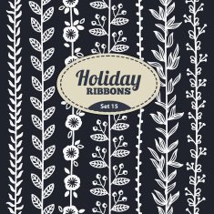Set of holiday ribbons Floral garlands on chalkboard
