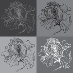 Vector print with four graphic monochrome flowers
