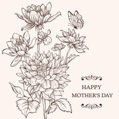 Vintage hand drawing background with dahlia flowers and butterfly