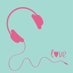 Pink headphones with cord Blue background Love card
