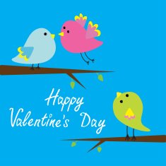 Three cartoon birds Happy Valentines Day card