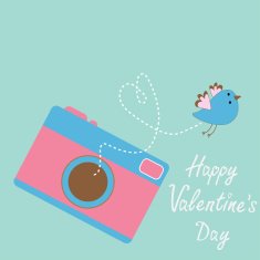 Photo camera with flying bird Happy Valentines Day card