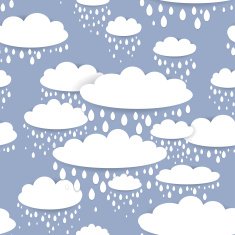 Seamless pattern with white clouds raindrops on a blue background
