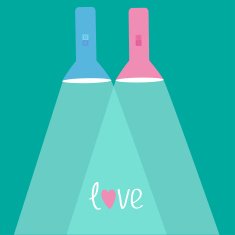 Pink and blue flashlights with rays of light Love