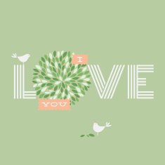 Greeting card with love lettering and two pretty birds