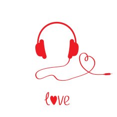 Red headphones and cord in shape of heart White background N2