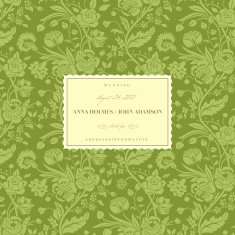 Green vintage wedding card with bouquets of flowers