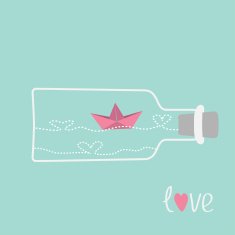 Origami paper boat and heart wave wine bottle Love card