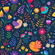 Bright floral seamless pattern of flowers berries and birds N2