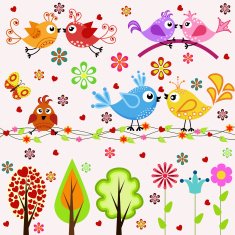 Set Birds trees and flowers