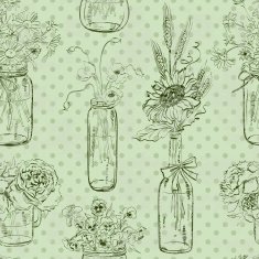 Seamless pattern of mason jars with flowers