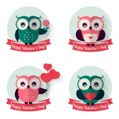 Valentine's labels with owls and ribbons Vector set