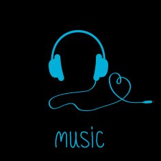 Blue headphones with cord and word Music on black background