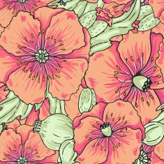 Pink poppy flowers - vector pastel pattern