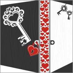 Several keys lock and open doors with hearts