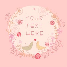 Cartoon vector card with cute lovebirds in pink color