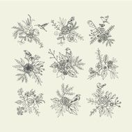 Hand Drawn vintage floral elements Set of flowers with birds